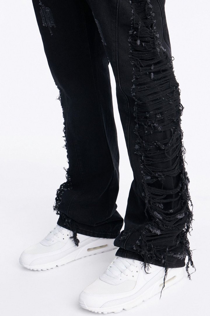 Stacked Slim Flare Slashed Down Jean - Black Wash