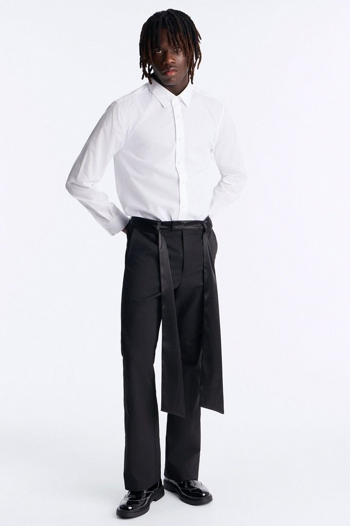 Satin Wrapped Waistband Straight Flare Trouser - Black