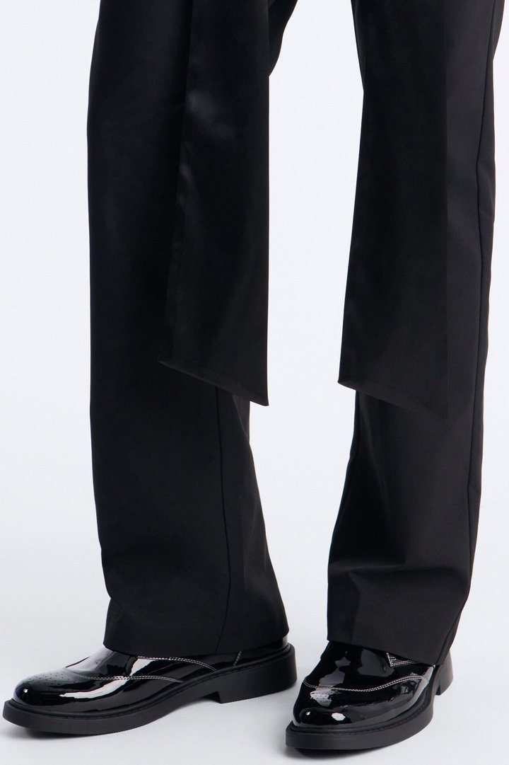 Satin Wrapped Waistband Straight Flare Trouser - Black