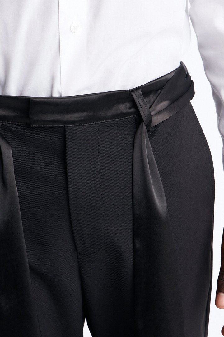 Satin Wrapped Waistband Straight Flare Trouser - Black