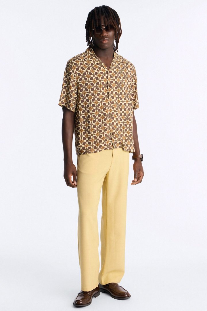 Relaxed Oxalis Cuban Collar Button Up Shirt - Brown/combo