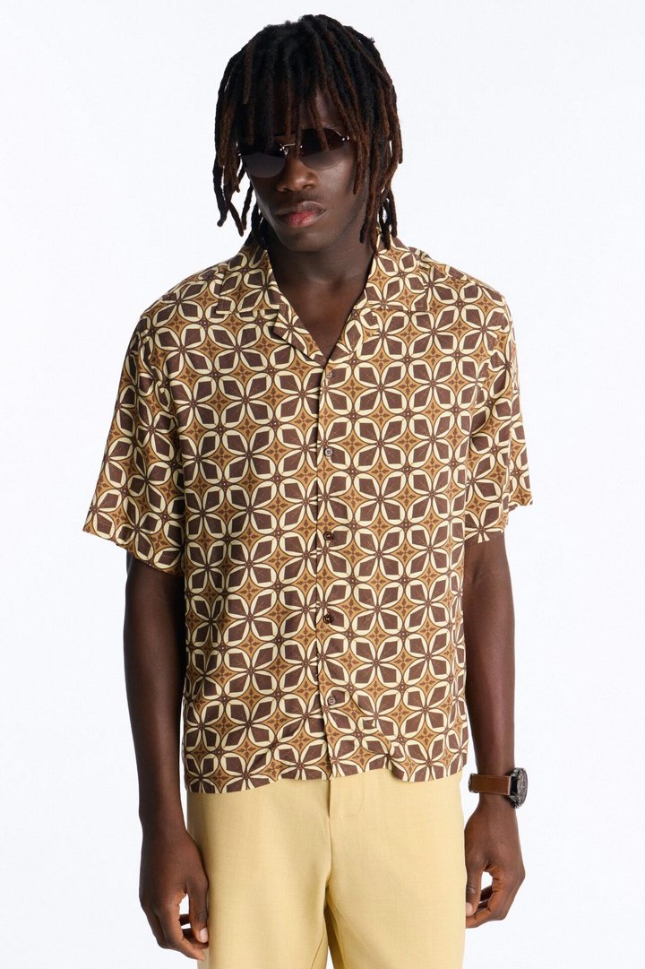 Relaxed Oxalis Cuban Collar Button Up Shirt - Brown/combo