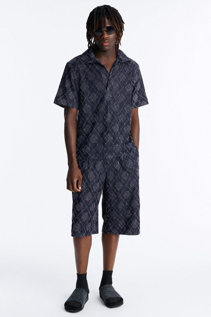 Diamond Frayed Jacquard Polo - Navy