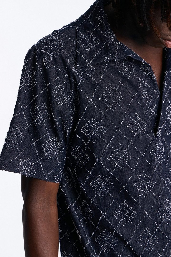 Diamond Frayed Jacquard Polo - Navy