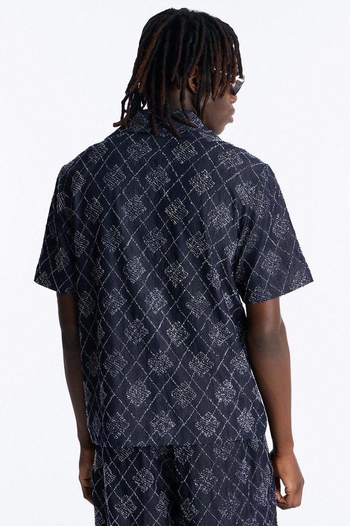 Diamond Frayed Jacquard Polo - Navy