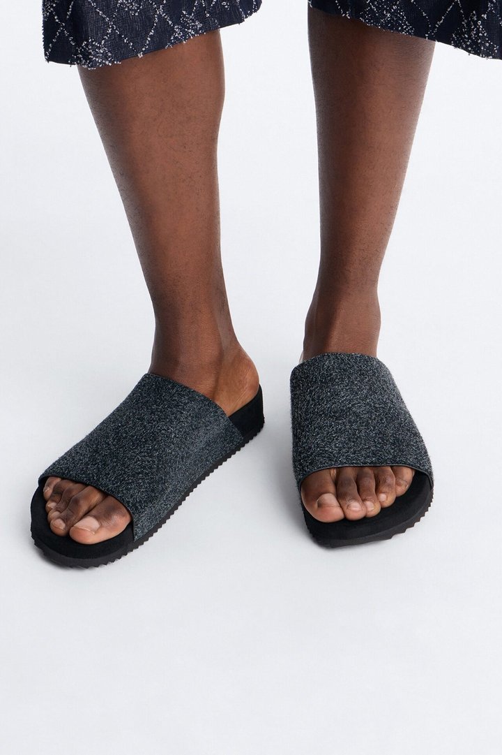 Genuine Suede Textured Slip On Slide - Black