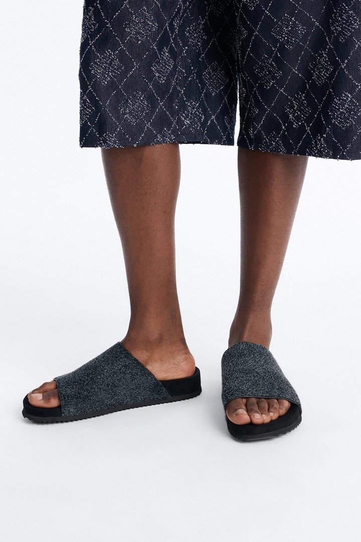 Genuine Suede Textured Slip On Slide - Black