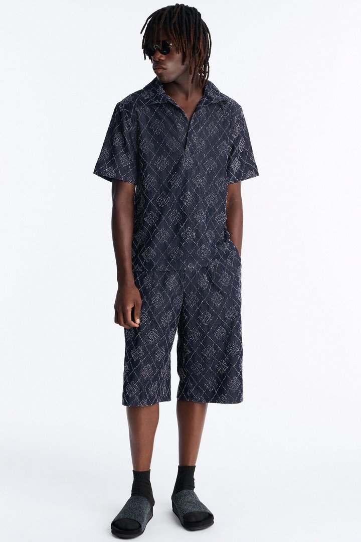Baggy Diamond Frayed Jacquard Long Short - Navy