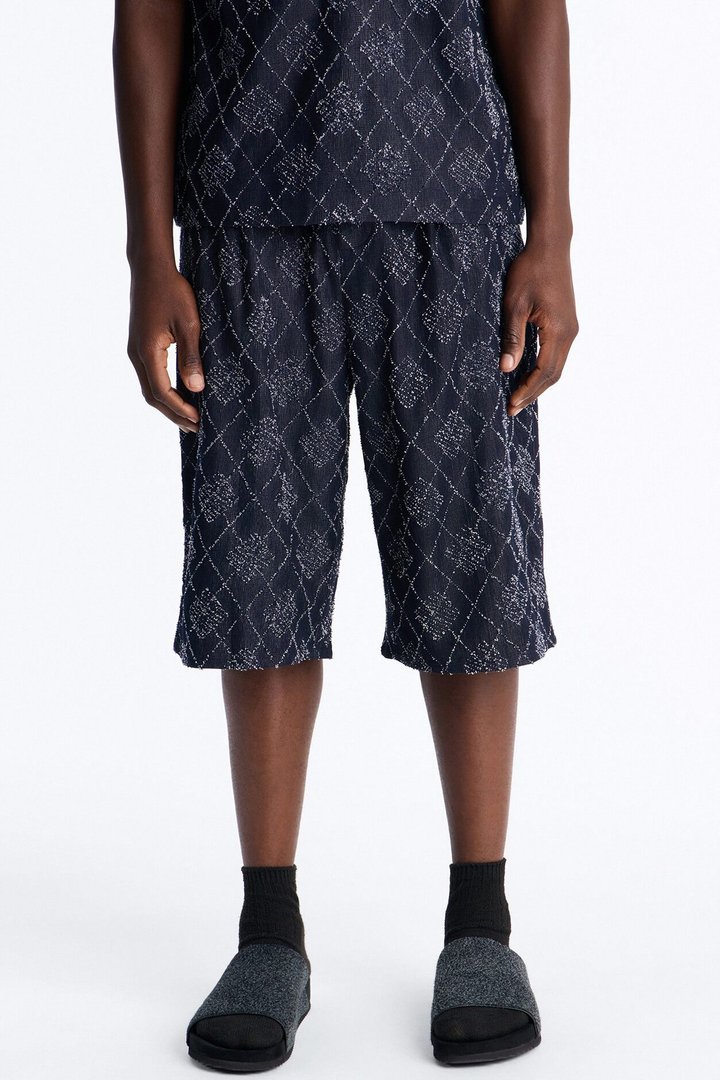 Baggy Diamond Frayed Jacquard Long Short - Navy