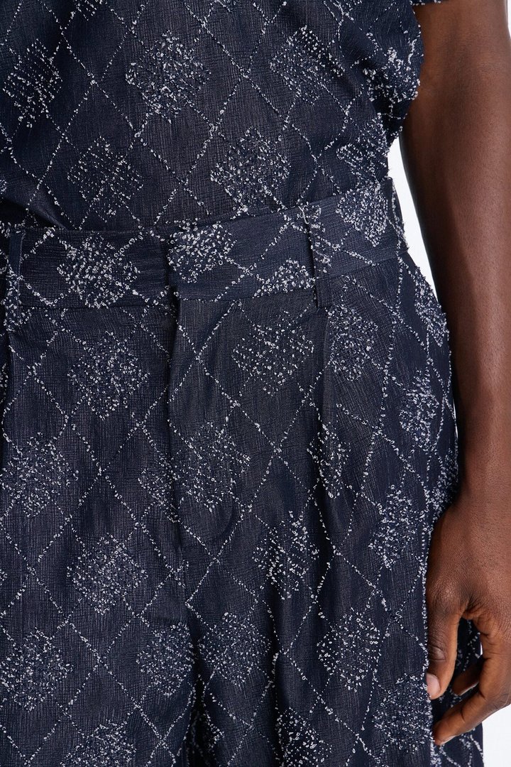 Baggy Diamond Frayed Jacquard Long Short - Navy