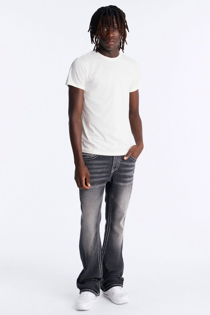 Heavy Stitch Back Flap Stacked Slim Flare Jean - Black Wash