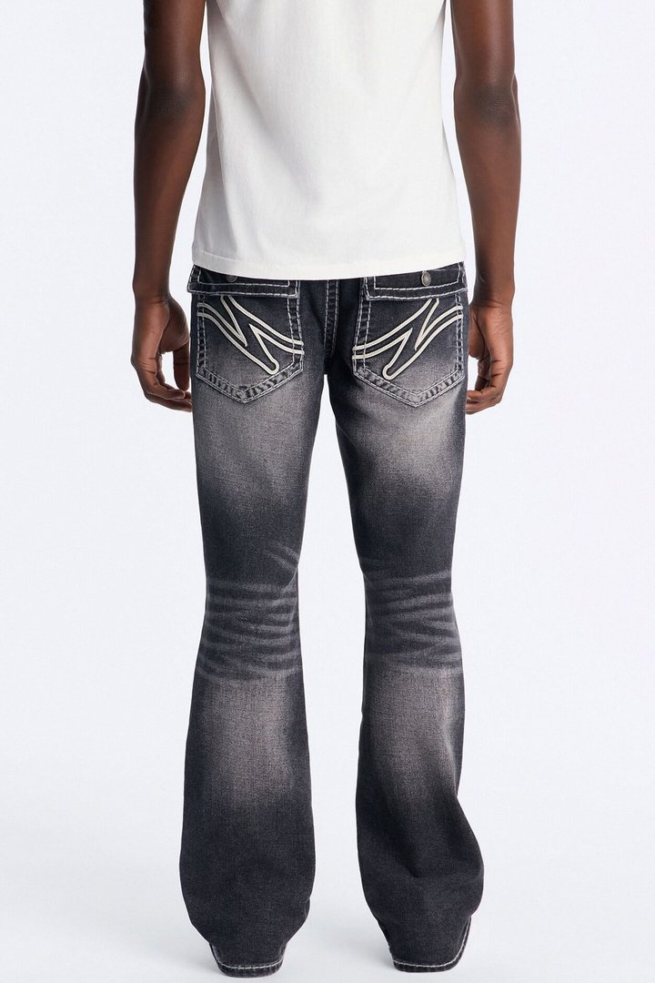 Heavy Stitch Back Flap Stacked Slim Flare Jean - Black Wash