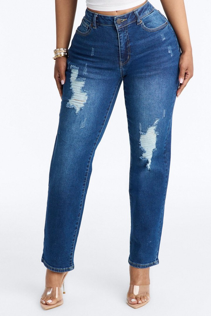 Skye Stretch Ripped Straight Leg Jeans - Dark Wash