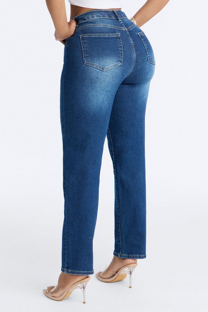 Skye Stretch Ripped Straight Leg Jeans - Dark Wash