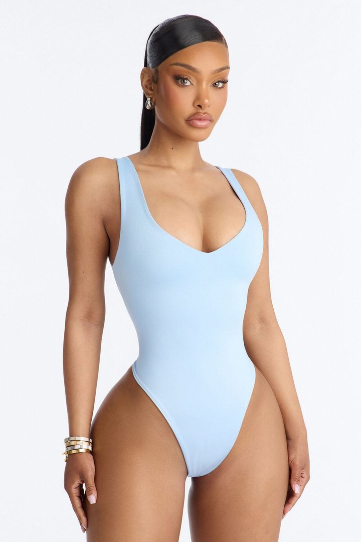 Contour Double Lined V-Neck Bodysuit - SkyBlue