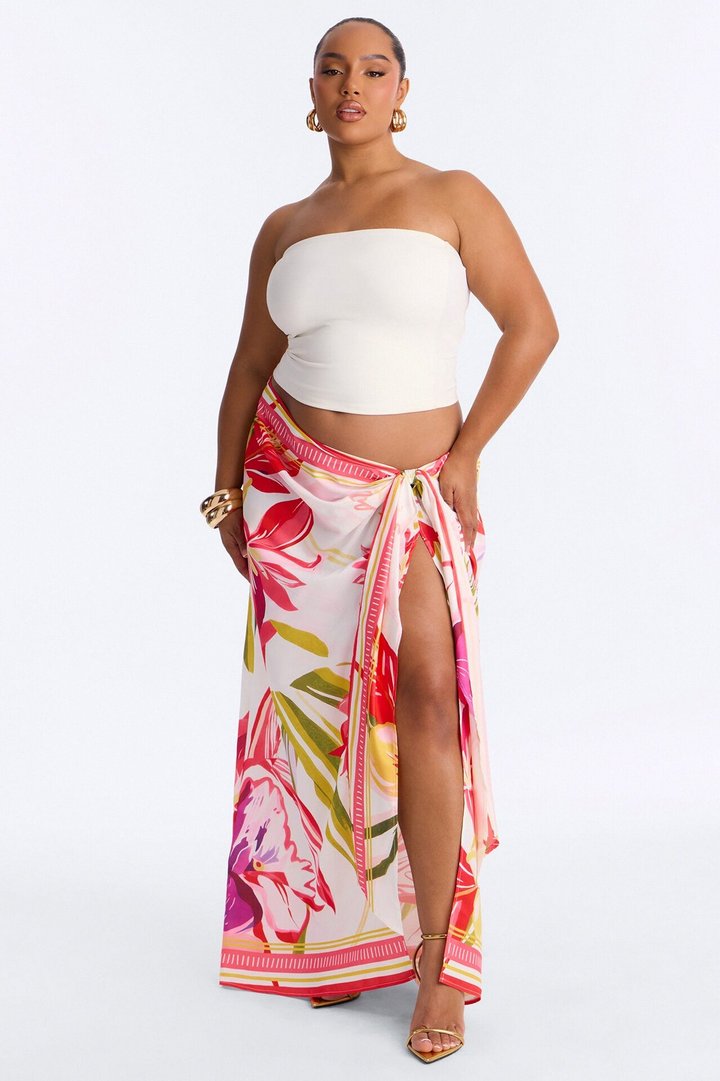 Jet Set Tropical Print Wrap Skirt - Pink/combo