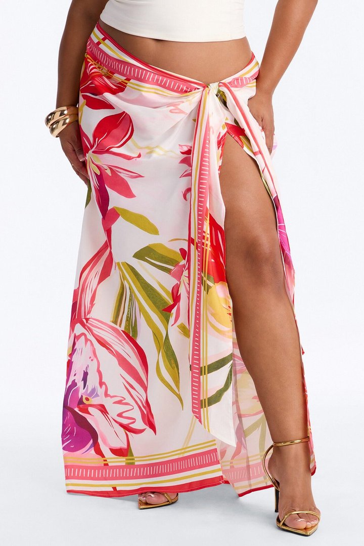 Jet Set Tropical Print Wrap Skirt - Pink/combo