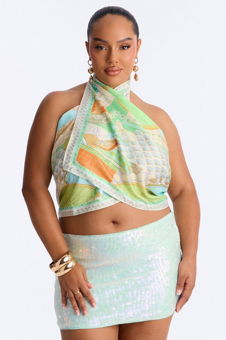 Muse With A View Mock Neck Satin Scarf Top - Multi Color