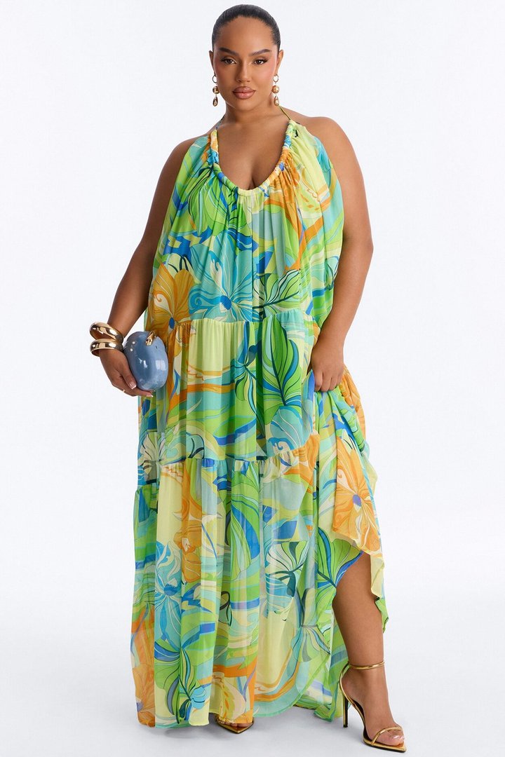 She's Expensive Chiffon Maxi Dress - Green/combo