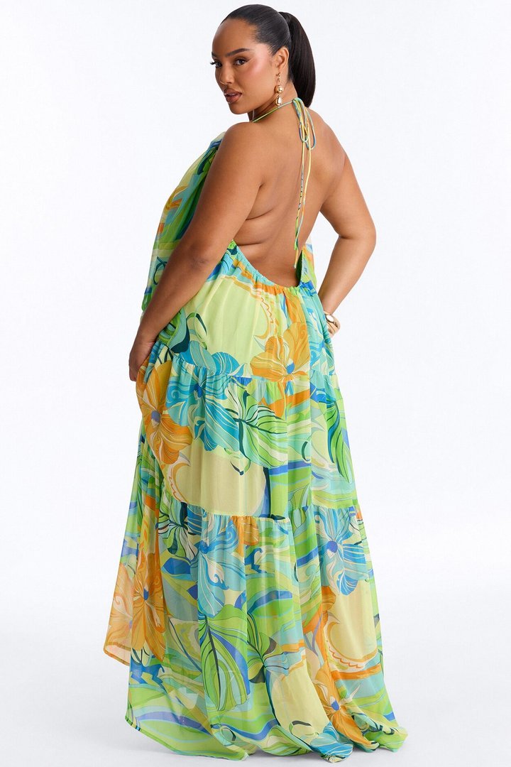 She's Expensive Chiffon Maxi Dress - Green/combo