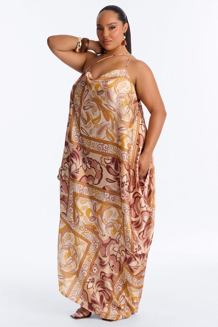 Kaylie Draped Satin Flowy Maxi Dress - Mustard/combo