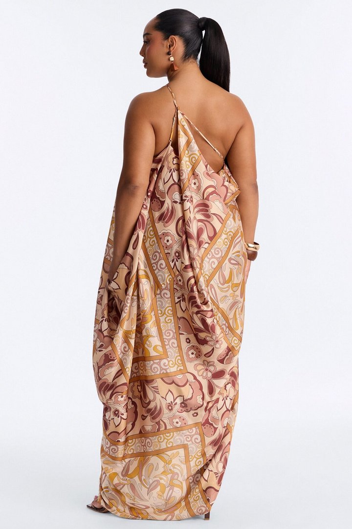 Kaylie Draped Satin Flowy Maxi Dress - Mustard/combo
