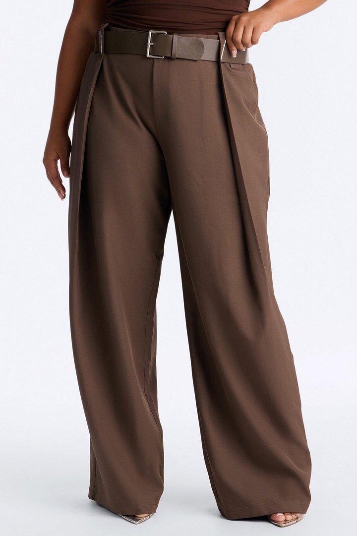 Natasha Belted Wide Leg Pleated Trouser - Brown