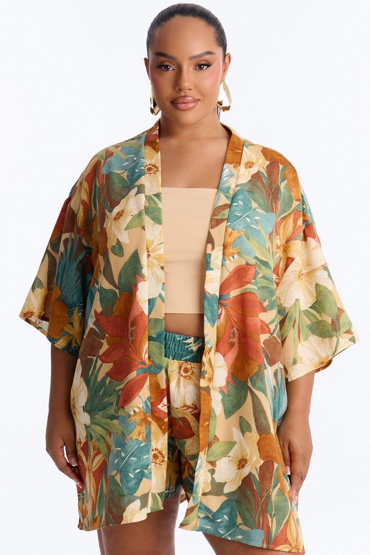 Relax & Renew Floral Linen Short Set - Green/combo