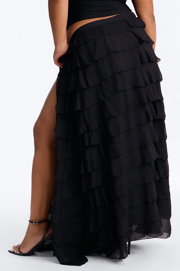Alyssa Low Rise Tie Waist Ruffle Maxi Skirt - Black