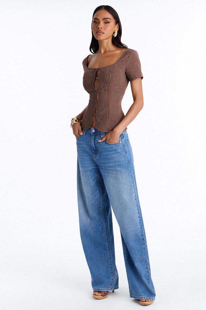Arlette Poplin Button Up Short Sleeve Top - Brown/combo