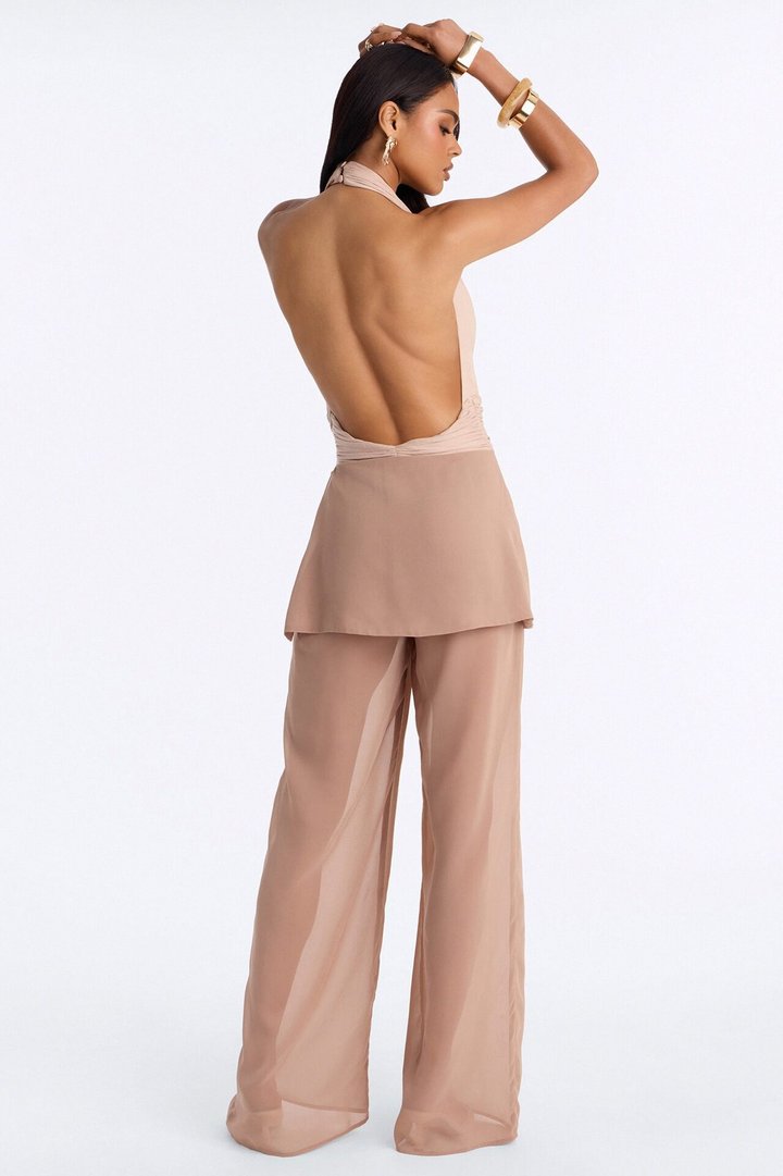 Raina Chiffon Backless Jumpsuit - Taupe