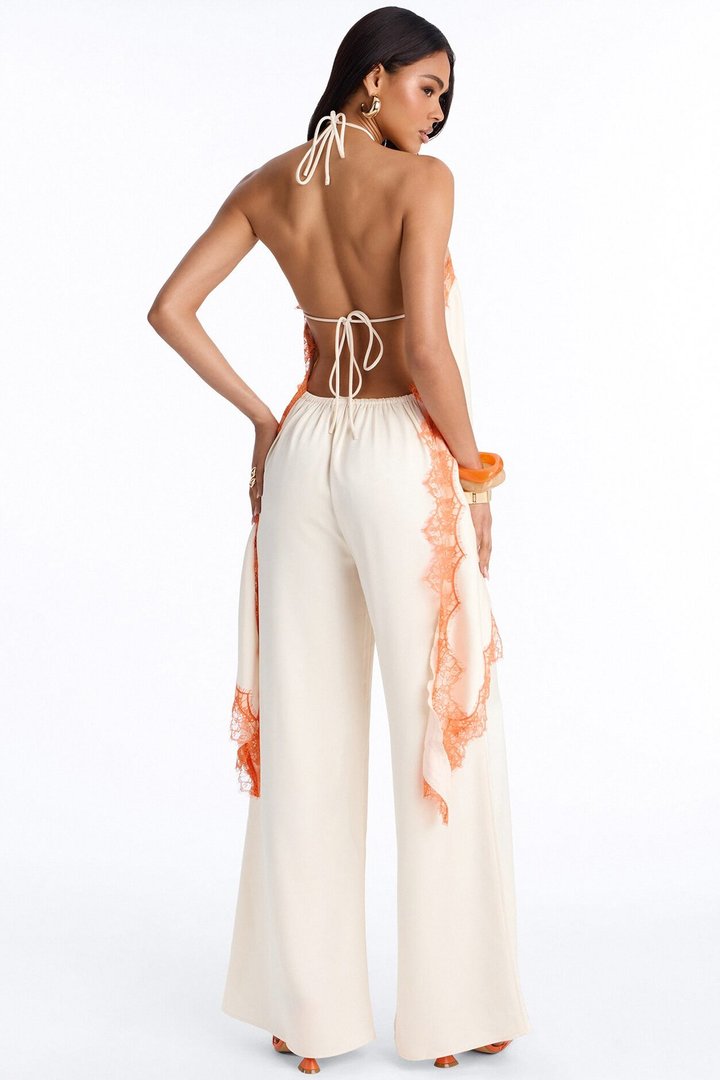 Samara Satin Lace Trim Backless Jumpsuit - Cream/combo