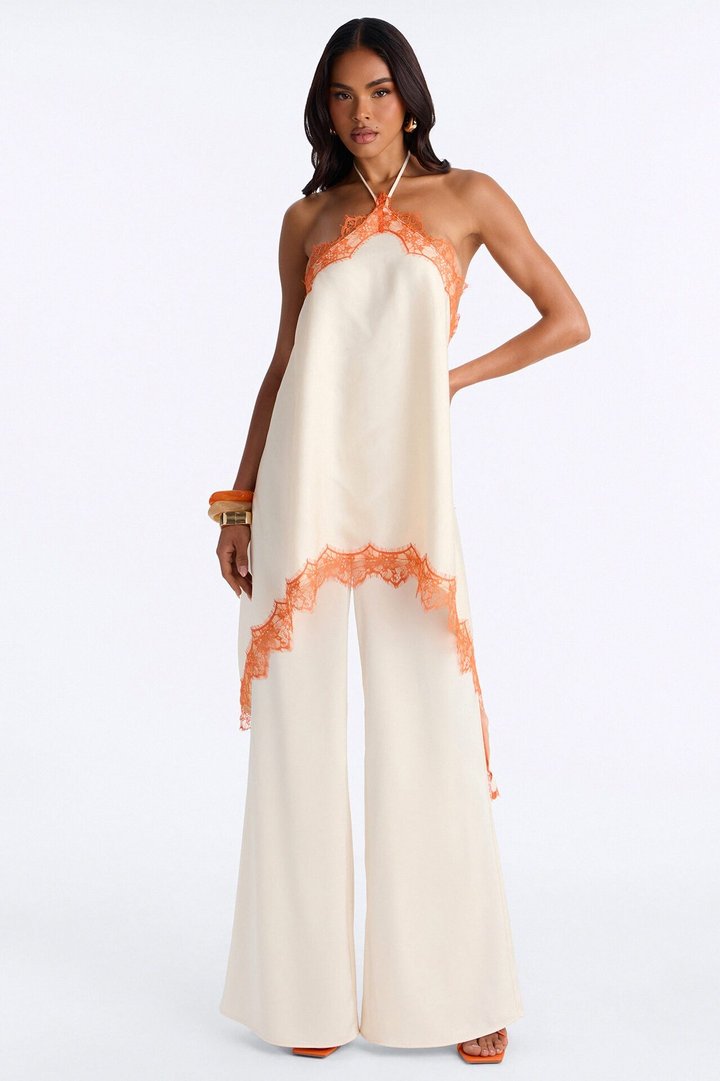Samara Satin Lace Trim Backless Jumpsuit - Cream/combo