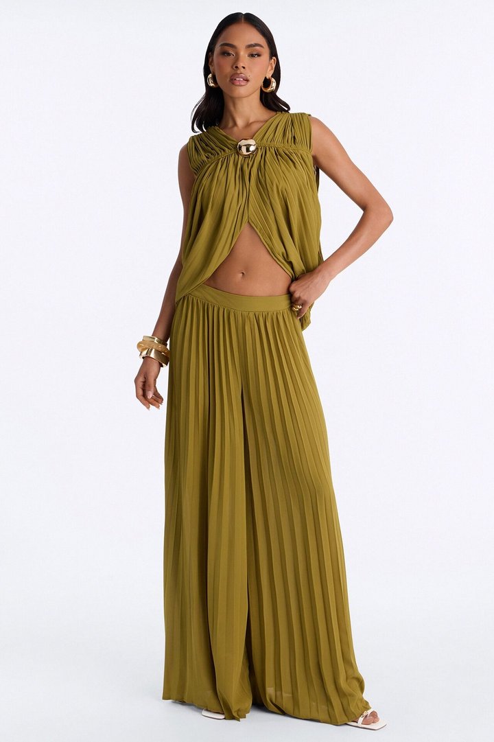 Camellia Pleated Pant Set - Olive