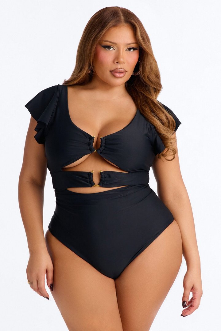 Take Me To The Yacht Ruffle Sleeve Back Lace Up 1 Piece Swimsuit - Black