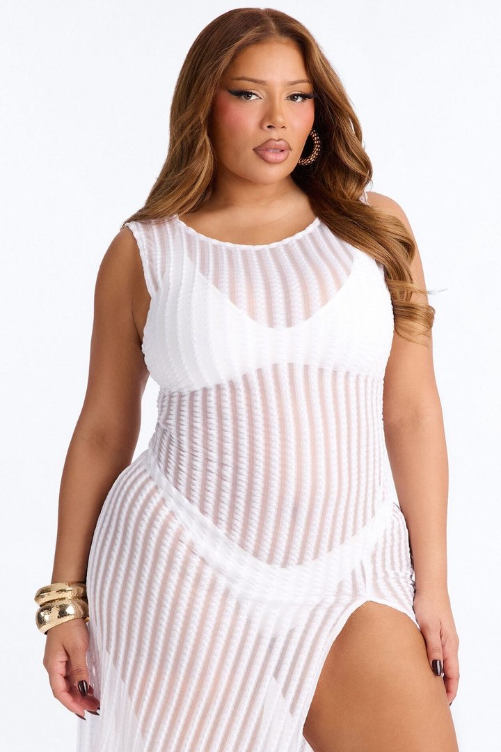 Island Breeze Mesh Slit Cover Up Maxi Dress - White