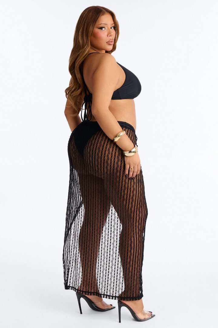 Summer Fling Stripe Lace Shell Hardware Cover Up Skirt - Black