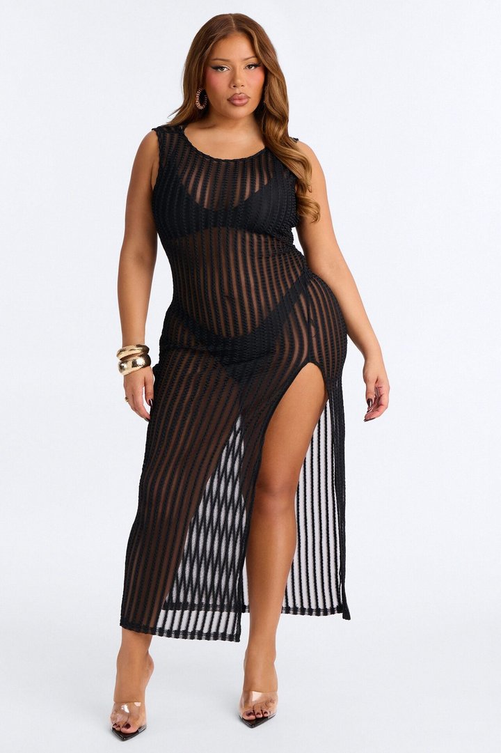 Island Breeze Mesh Slit Cover Up Maxi Dress - Black