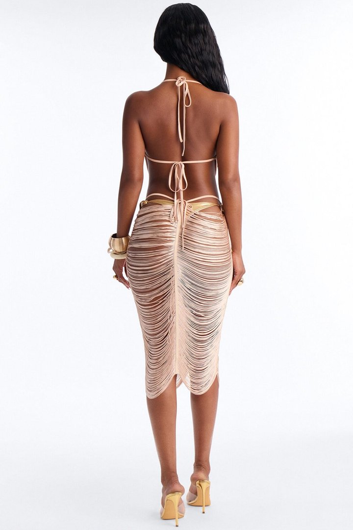 Summer Coasting Crochet Fringe Cover Up Midi Dress - Gold