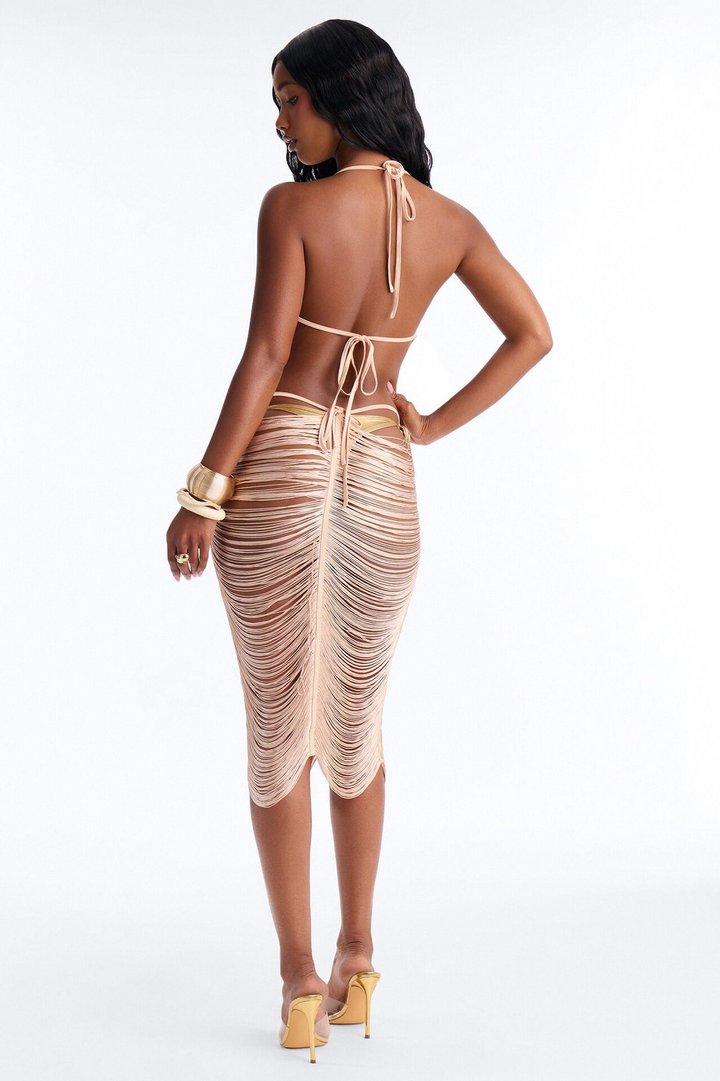 Summer Coasting Crochet Fringe Cover Up Midi Dress - Gold