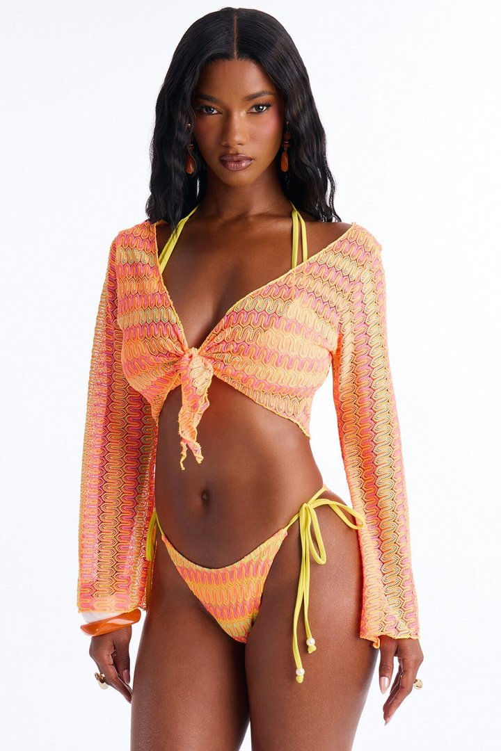 Euro Summer 3 Piece Triangle Bikini & Cover Up Tie Top Sunsuit - Orange/combo