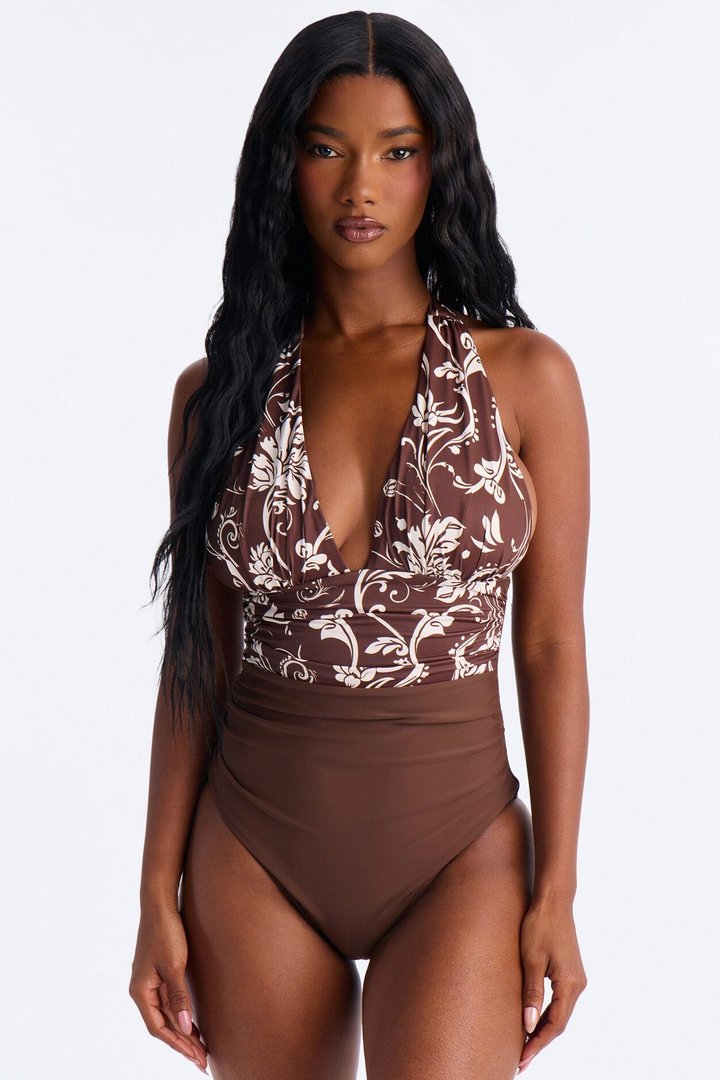 Beachy Tropical 1 Piece Halter Swimsuit - Brown/combo