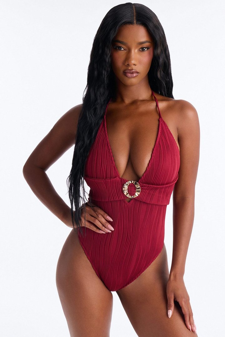Dream Doll Textured 1 Piece Plunge Neck Swimsuit - Burgundy