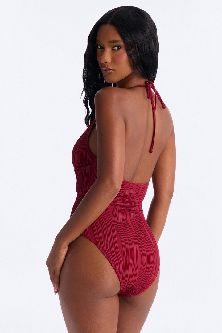 Dream Doll Textured 1 Piece Plunge Neck Swimsuit - Burgundy