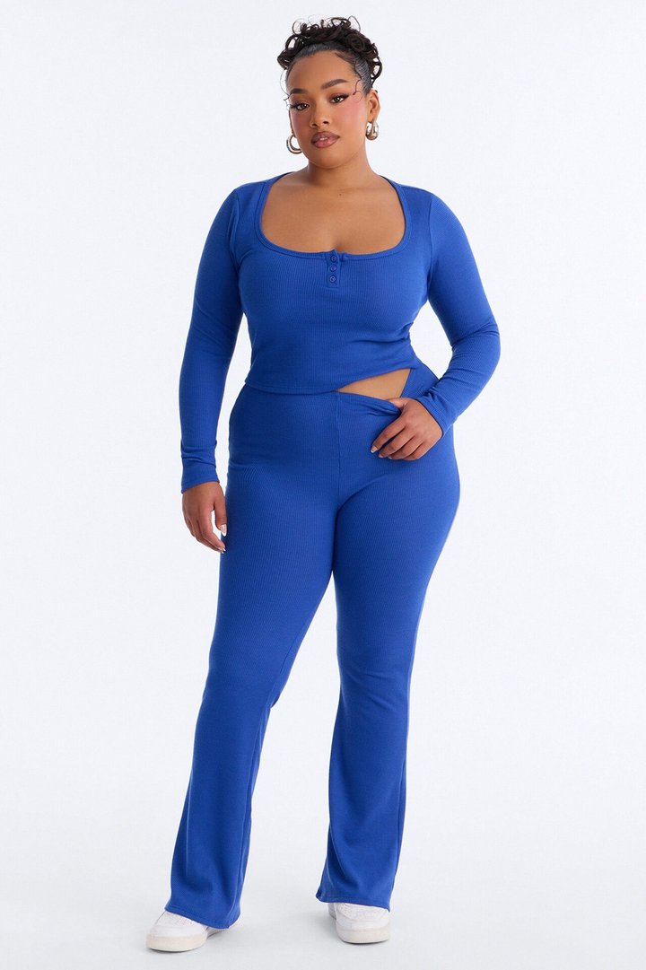 Marissa Long Sleeve Waffle Pant Set - Blue