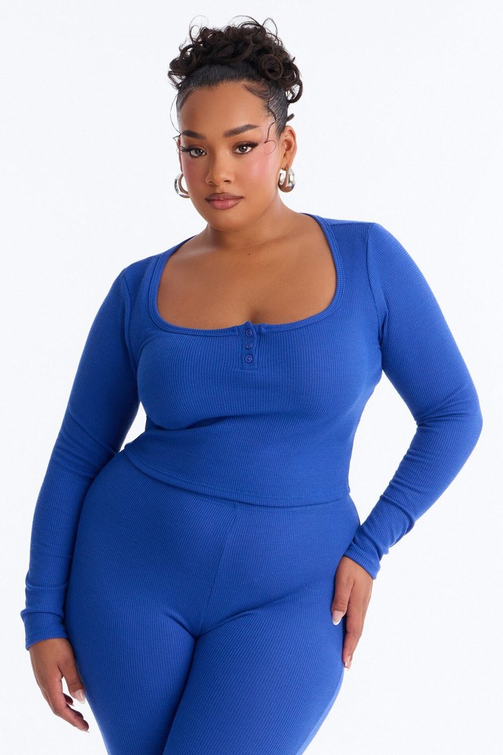 Marissa Long Sleeve Waffle Pant Set - Blue