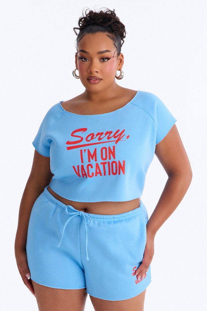 Sorry Vacation Off Shoulder Washed Cropped Tee - Blue