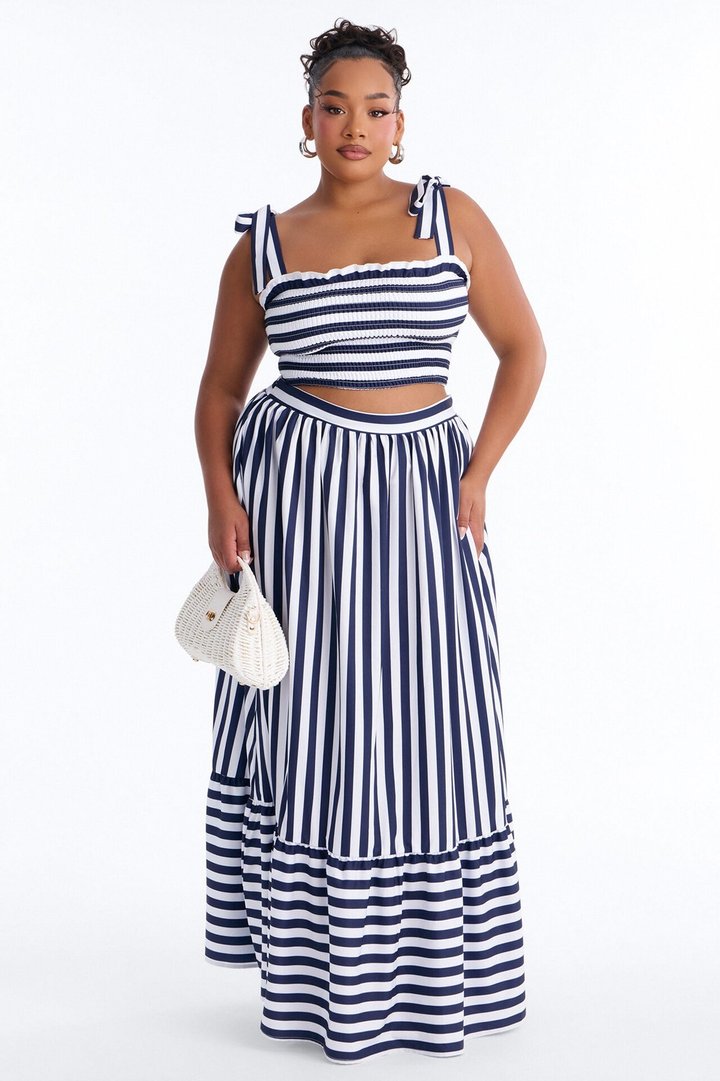 Marisol Stripe Maxi Skirt Set - Navy/combo