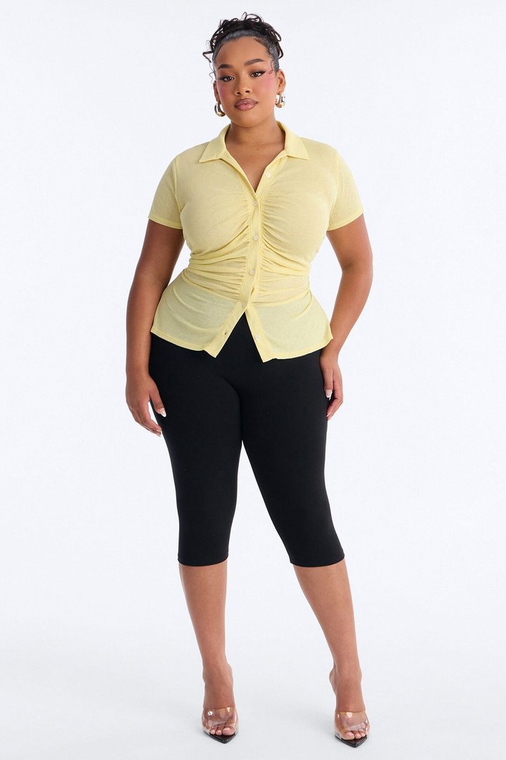 Jenn Textured Button Up Ruched Short Sleeve Shirt - Butter Yellow