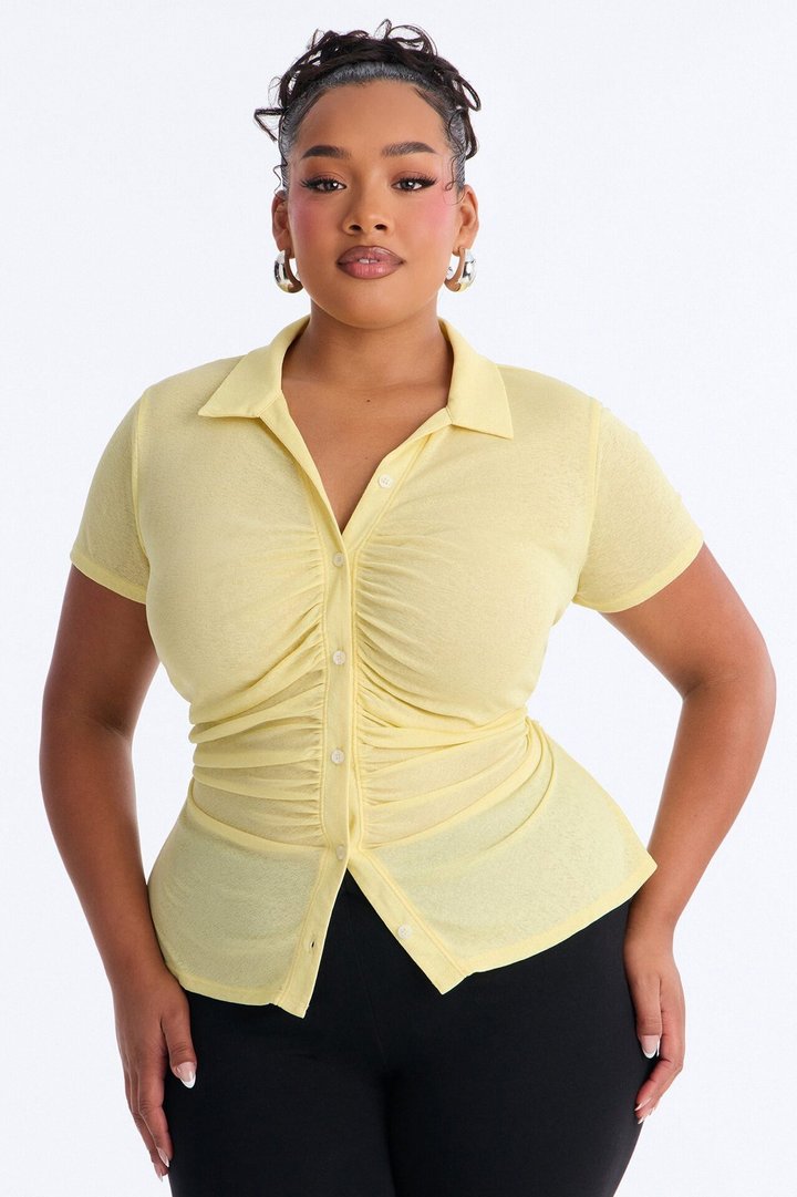 Jenn Textured Button Up Ruched Short Sleeve Shirt - Butter Yellow